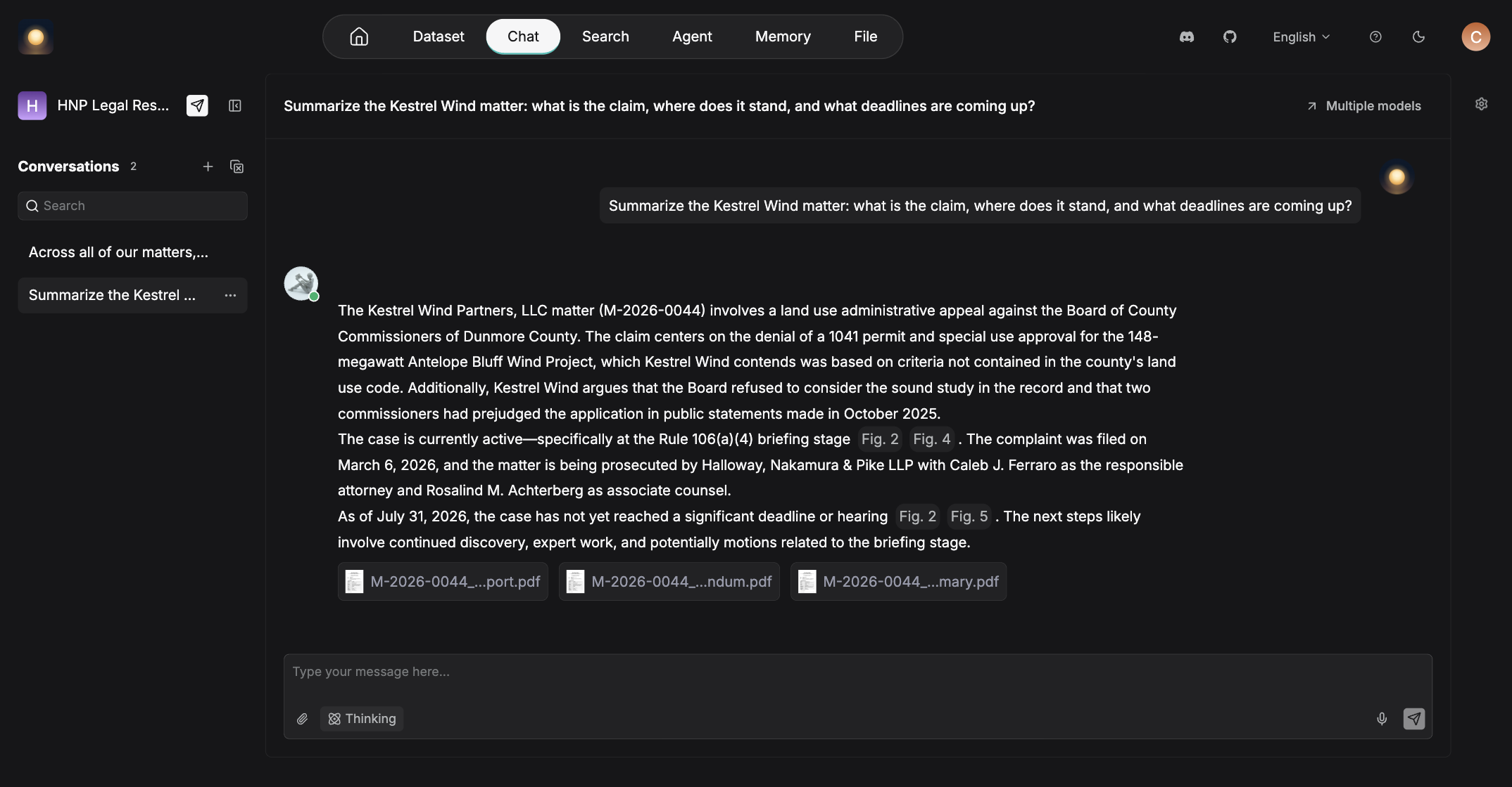 The AI Paralegal answering a question about a matter: it states the claim, the current posture, the filing date, and the responsible attorney, with inline citations and the three source PDFs listed underneath the answer.