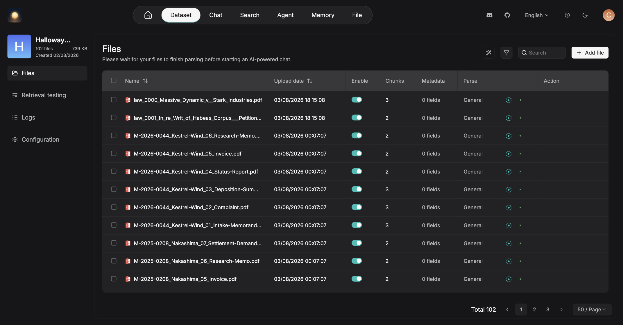 The document library of an AI Paralegal deployment: 102 indexed files listed by matter number, including settlement demands, research memos, invoices, status reports, deposition summaries, complaints, and intake memoranda.