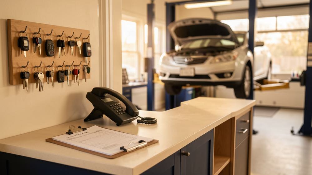An auto repair service counter with a key board, a work order and a car on a lift behind.