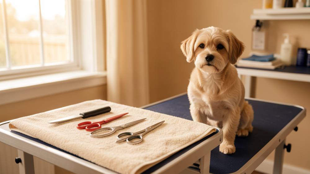 A pet grooming workstation with tools laid out and a small dog waiting.