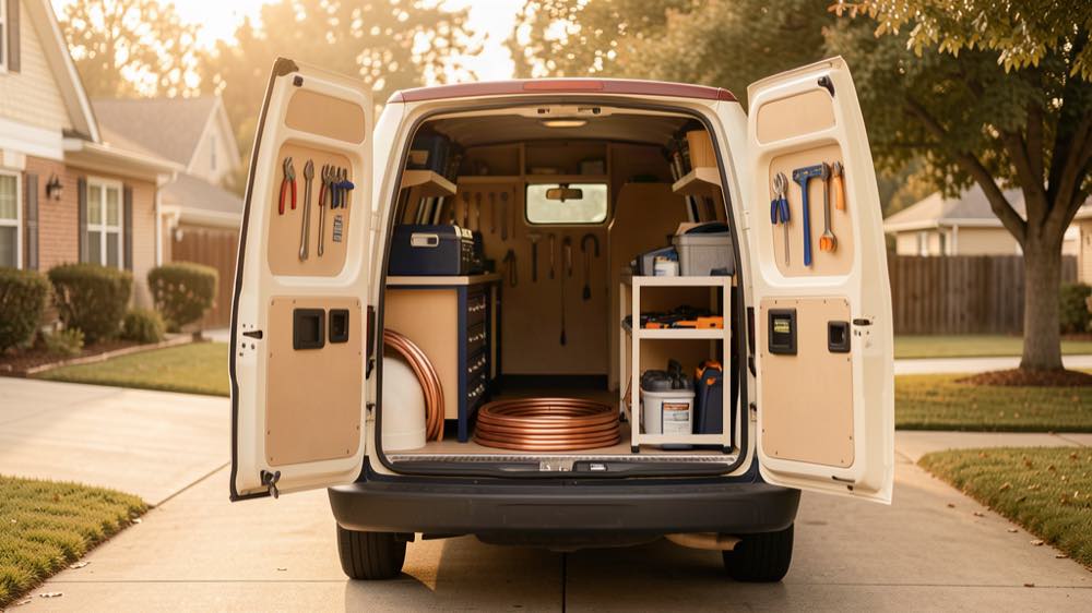 The open back of a plumbing and HVAC service van packed with tools, in a driveway.