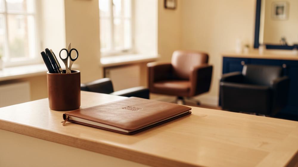 A salon reception desk with a leather appointment book and styling chairs behind.