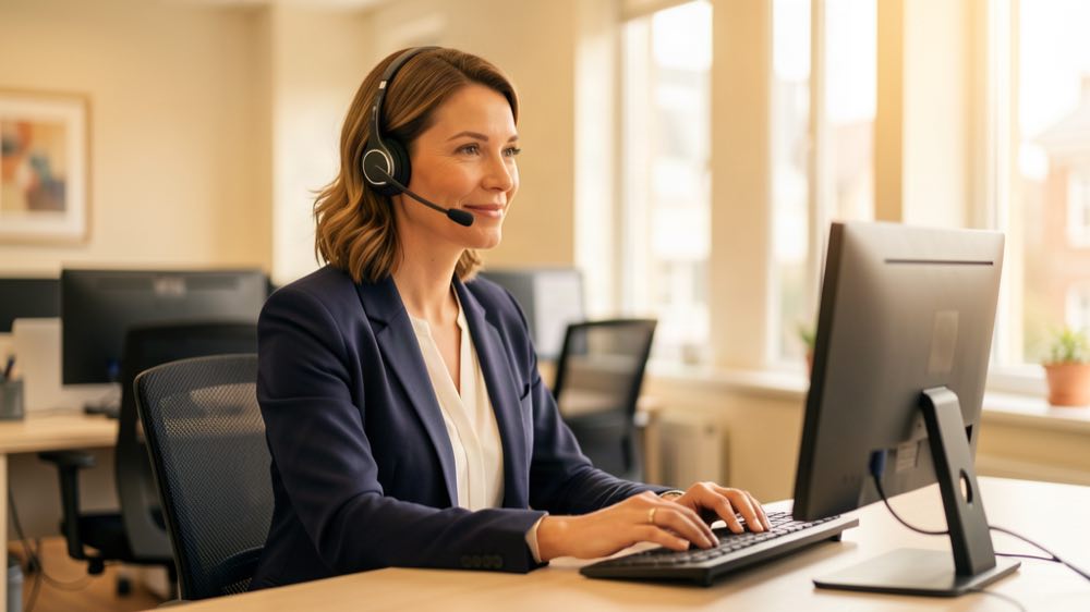 A receptionist wearing a headset at a desk in a bright office, taking a call.